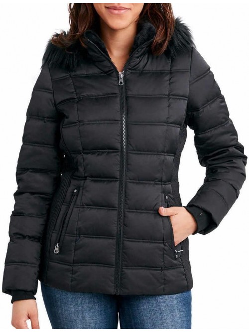 Womens Faux Fur Trim Hooded Midweight Puffer Jacke...