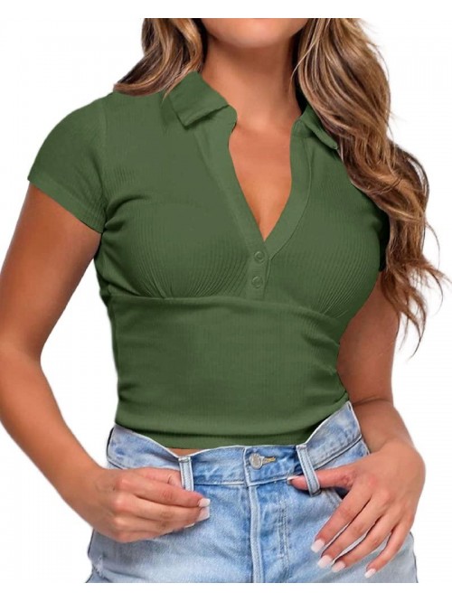 Women's Tight Short Sleeve Crop Tops Button Front ...