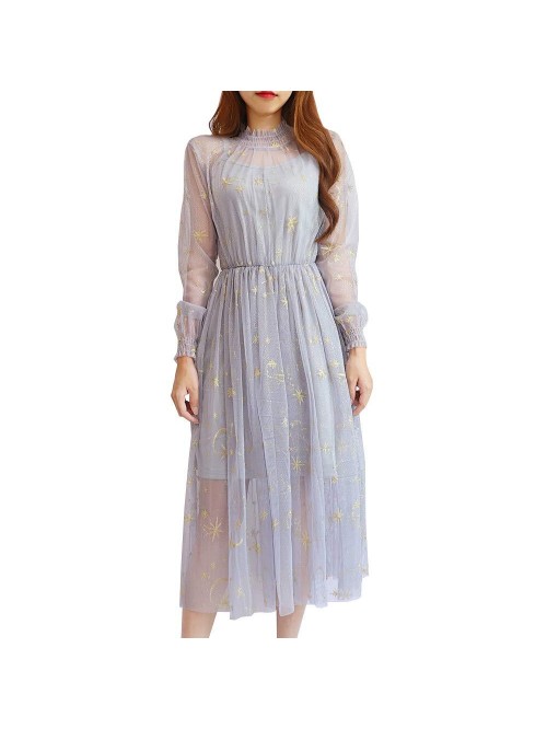 Women Summer Chiffon Dress Stars Moon Print Embroi...