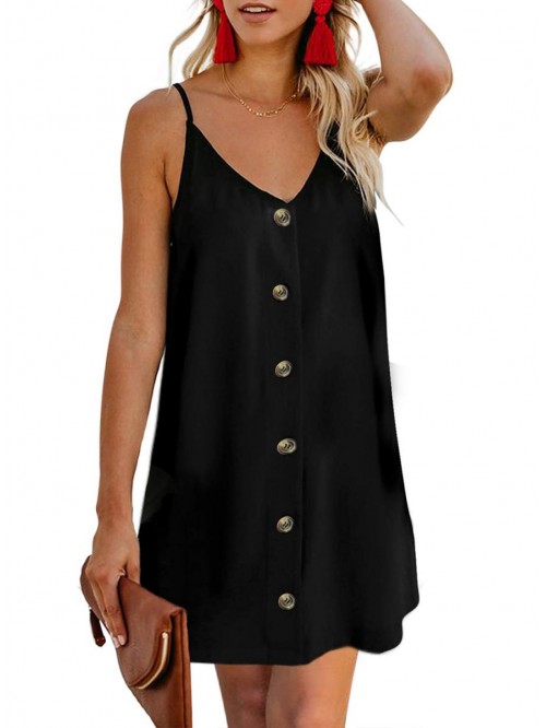 Women Summer Spaghetti Strap Button Down V Neck Sl...