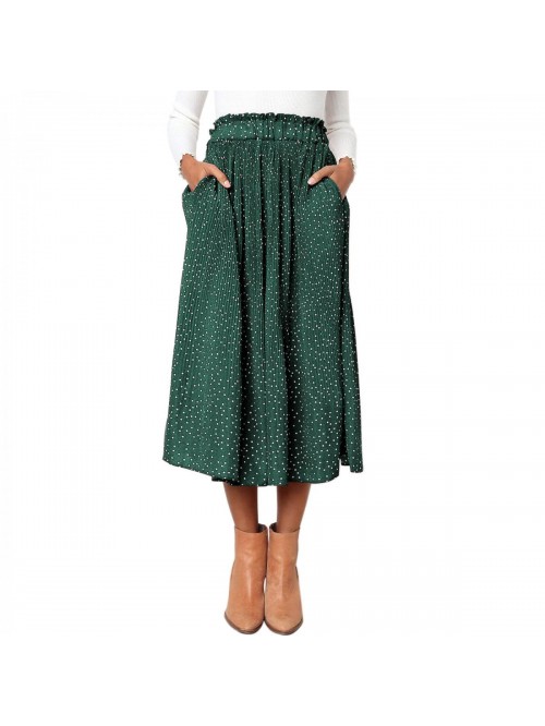 High Elastic Waist Polka Dot Pleated Skirt Midi Sw...