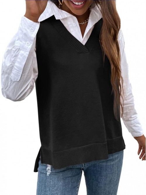 Women's V Neck Sleeveless Split Loose Pullover Top...