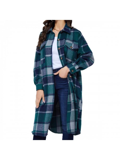 Womens Long Plaid Shacket Jacket Casual Fashion La...