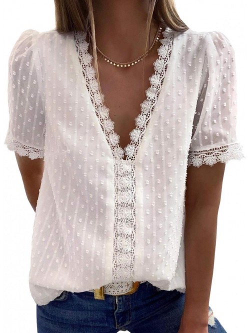 Womens Sexy Lace V Neck Tops Casual Jacquard Pom P...