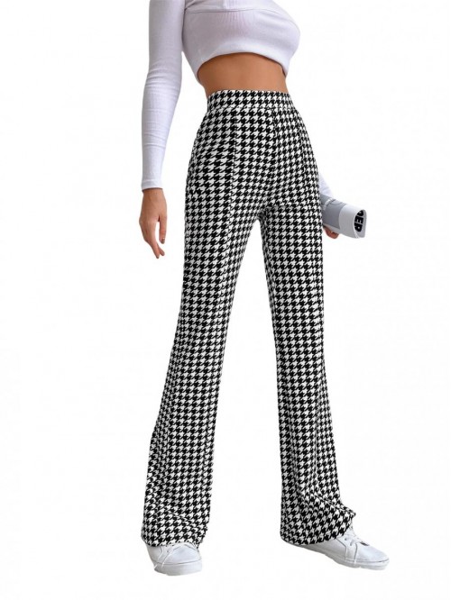 Women's Elastic High Waist Flare Pants Houndstooth...