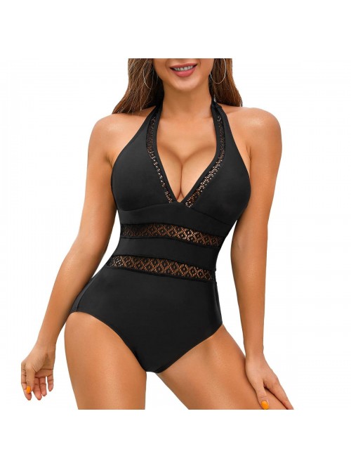 Women's One Piece Swimsuit Halter Plunge V Neck Mo...