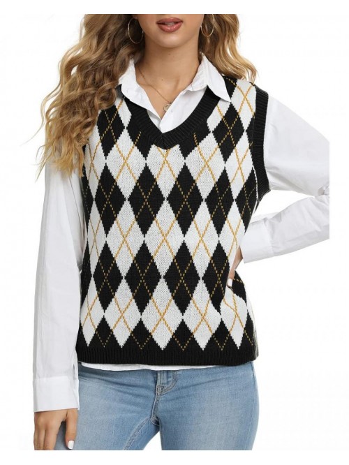 Women's V-Neck Check Print Sweater Tank Top Check ...