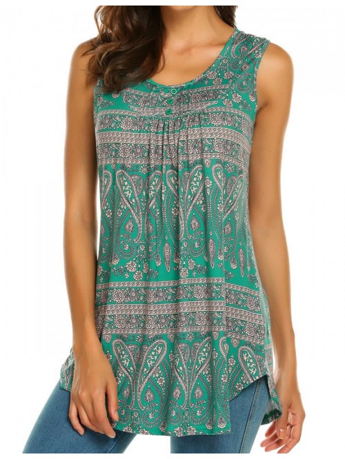 Women's Paisley Printed Pleated Sleeveless Blouse ...