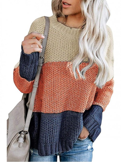 Women's Crew Neck Long Sleeve Color Block Knit Swe...