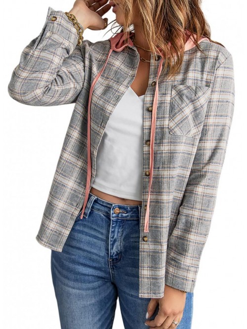 Womens Casual Plaid Shacket Jacket Hoodies Long Sl...