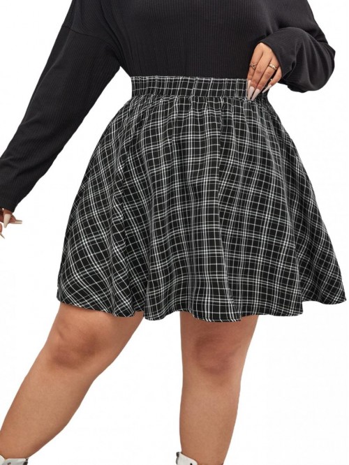 Women's Plus Size Plaid Skater Skirt Elastic High ...