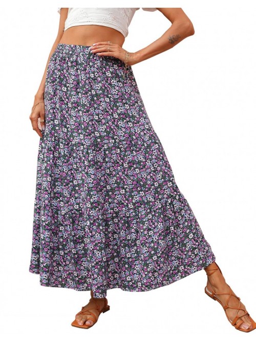 Summer Women's High Waist Floral Print Pleated Max...