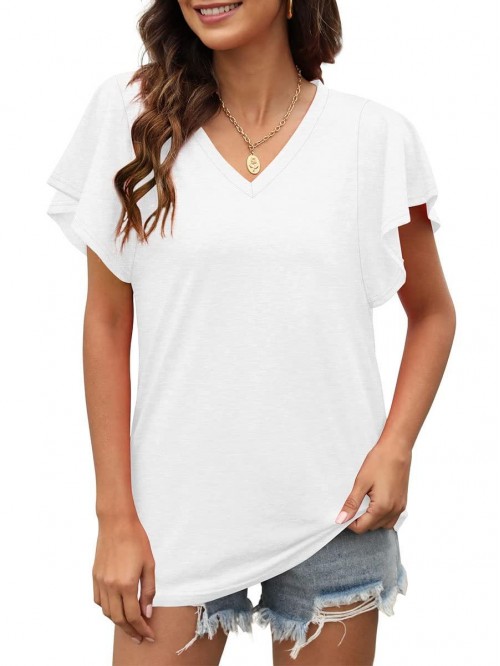 Womens Summer Tops V Neck Loose Fit T Shirts Ruffl...