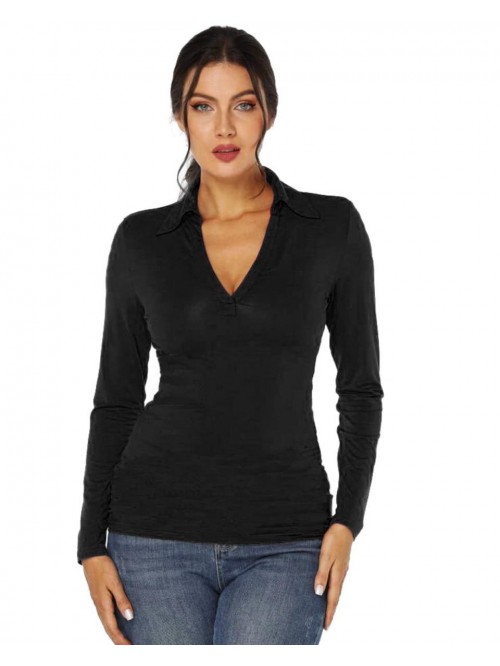 Women's Collared Polo Shirt Sexy V Neck Long Sleev...