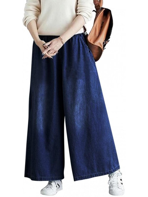 Women's Baggy Denim Wide Leg Pants Elastic Waist D...