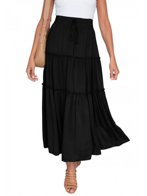 Women’s Elastic High Waist Boho Maxi Skirt Ruffl...