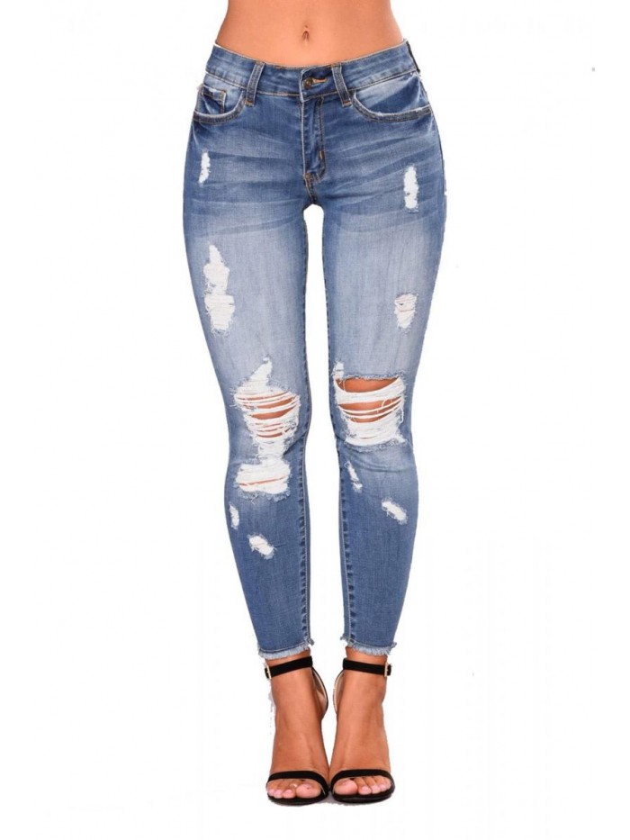 High Waist Skinny Stretch Ripped Jeans Destroyed Denim Pants 