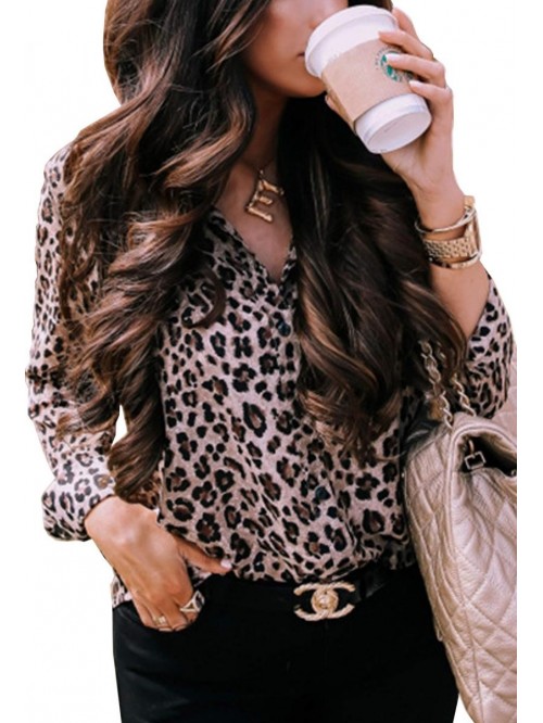 Womens Casual Tops V Neck Leopard Tunic Long Sleev...