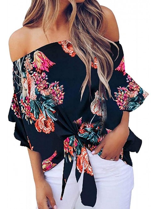 Womens Off The Shoulder Tops 3 4 Flare Sleeve Flor...