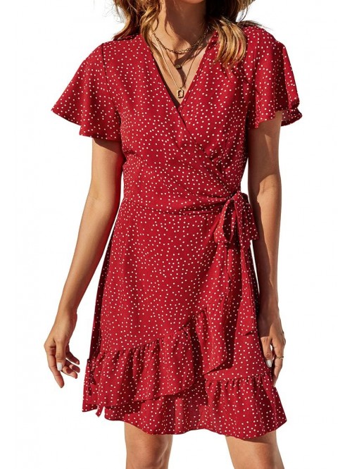 Women's Summer Wrap V Neck Polka Dot Print Ruffle ...