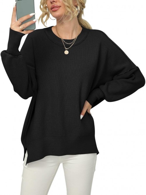 Women Crewneck Batwing Sleeve Oversized Side Slit ...