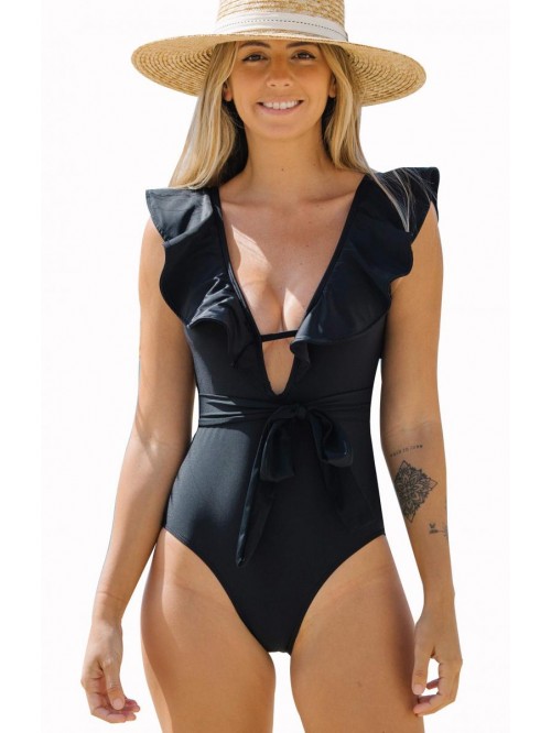 Women One Piece Swimsuit V-Neck Ruffle Bathing Sui...