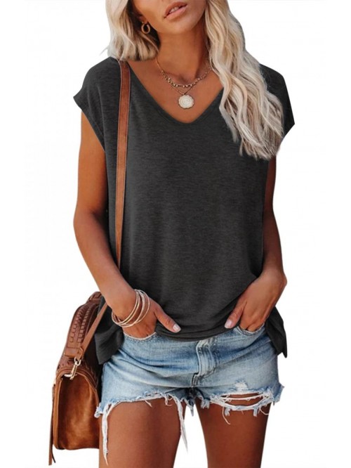 Women's Cap Sleeve Tank Tops V Neck Solid Color Ca...