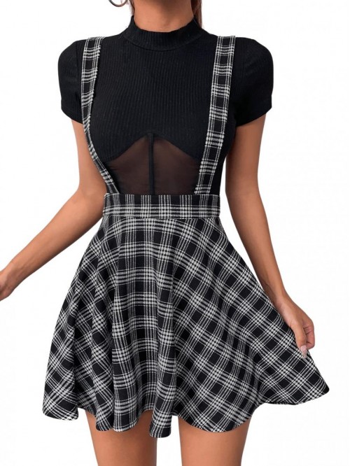 Women's Plaid A Line Flare Zipper Mini Pinafore Sk...