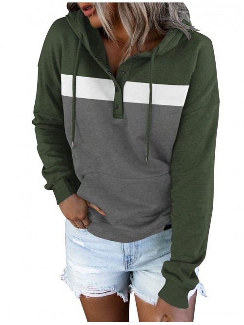 Casual Color Block Hoodies Long Sleeve Tops Button...