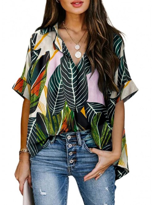 Women V Neck Vertical Stripes Shirt Loose Button D...