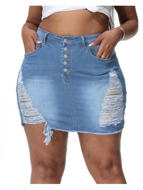 Women's Plus Size Denim Short Skirt Distressed Fra...