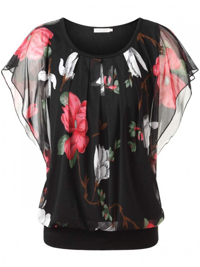 Women's Printed Flouncing Flared Short Sleeve Mesh Blouse Top 