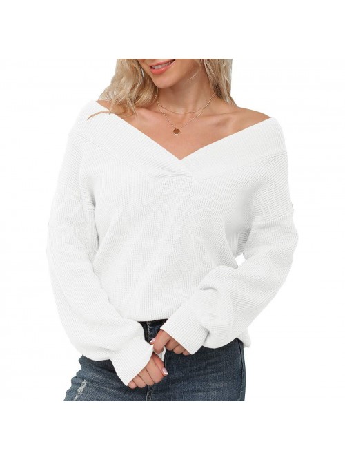 Women's Off Shoulder Sweater V-Neck Long Sleeve Lo...