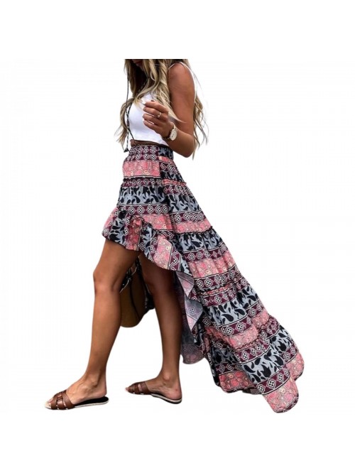 Irregular Bohemian Floral Long Skirt， High Low S...