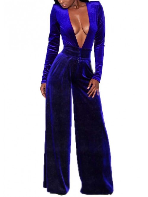 Sexy Deep V-Neck High-Waist Velvet Jumpsuits One P...