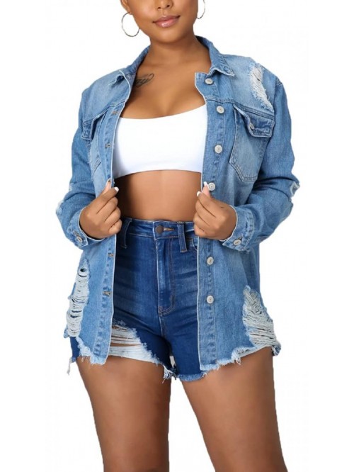 Jeans Jacket for Women Oversized Ripped Long Sleev...