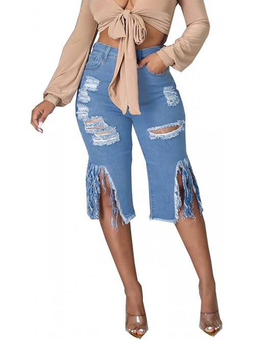 Women's Ripped Denim Shorts Destroyed Knee Length ...