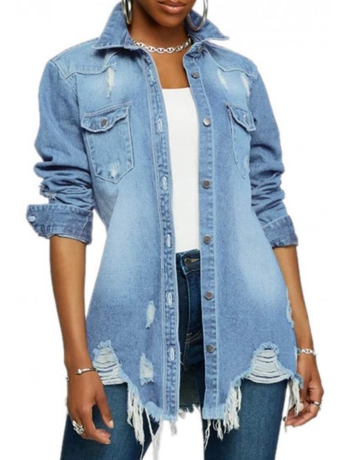 Jean Jacket for Women Ripped Long Sleeve Oversized...