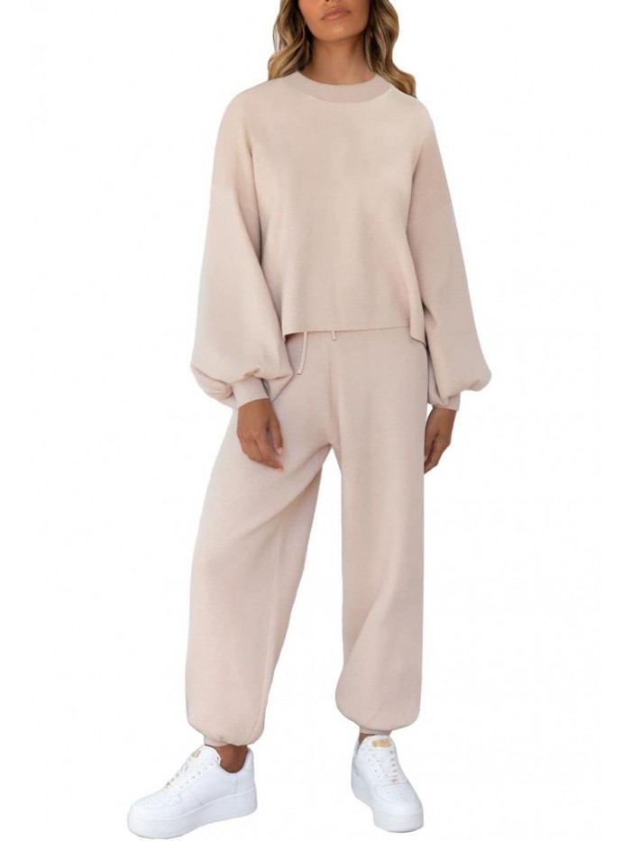 Women's 2 Piece Outfits Sweatsuit Casual Knit Pullover Sweater Pajamas Set 