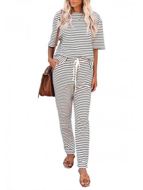 Women's Striped 2 Piece Outfits Crewneck Pullover ...