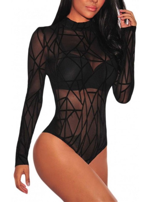 Women Black Sheer Mesh Long Sleeve Jumpsuit Bodysu...