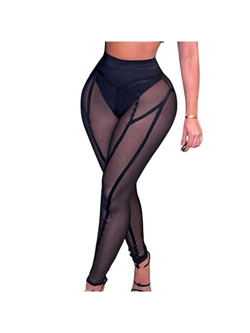 Sheer Mesh Leggings Sexy See-Through High Waist Ti...