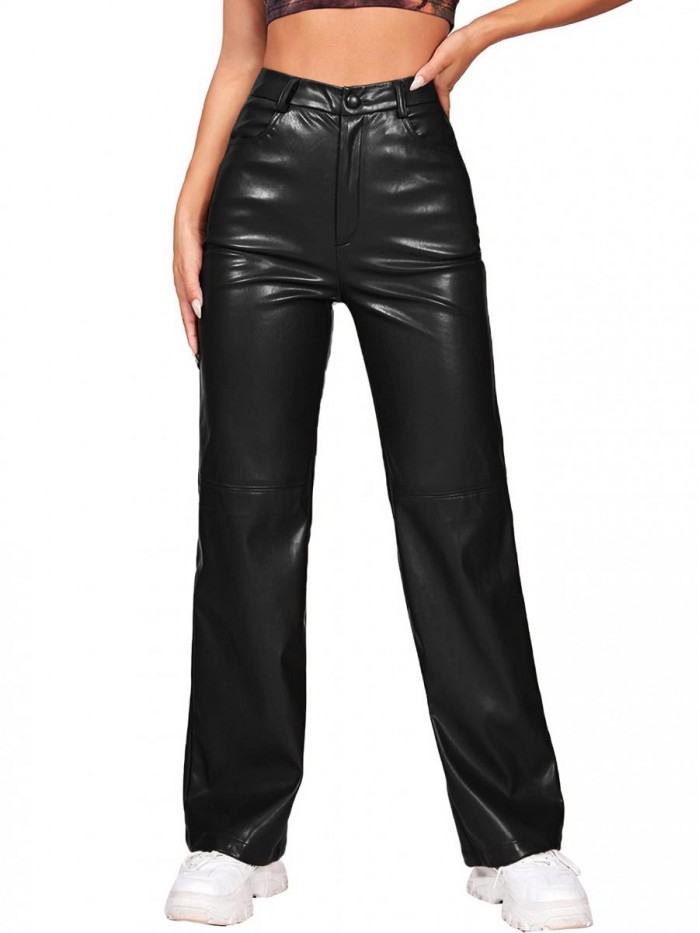 Women's PU High Waist Faux Leather Straight Leg Pants with Pockets 