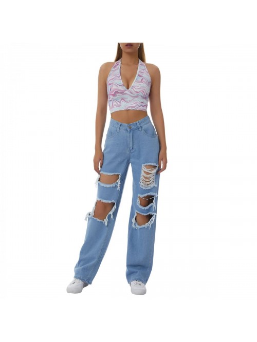 Ripped Boyfriends Jeans High Waist Baggy Denim Pan...