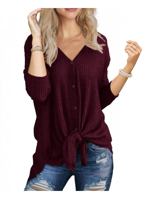 Women's Waffle Knit Tunic Blouse Tie Knot Henley T...