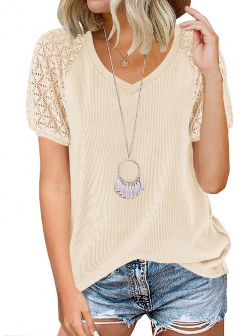 Women's V Neck Lace Short Sleeve Shirts Tops Waffl...