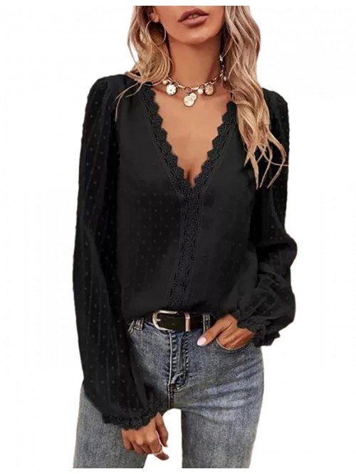 V Neck Lace Tops Long Sleeve Shirts Vintage Elegan...