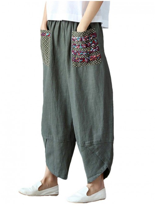 Women's Baggy Linen Wide Leg Trousers Casual Patch...