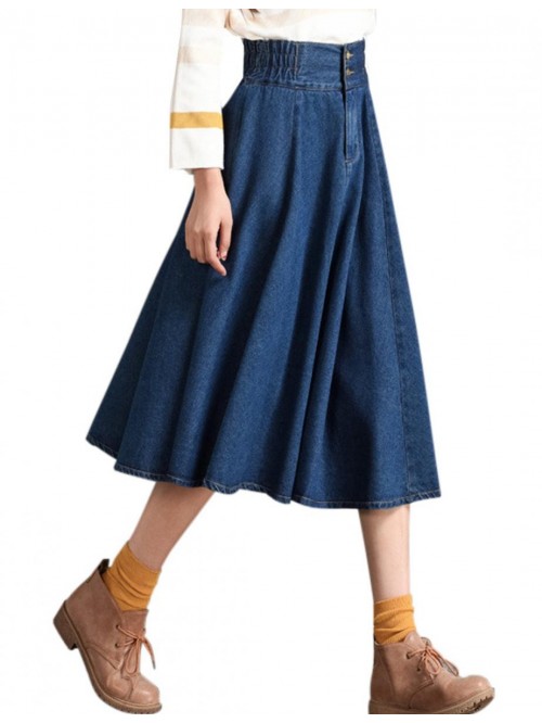 Women's Casual Vintage Elastic Waist Flared Pleate...