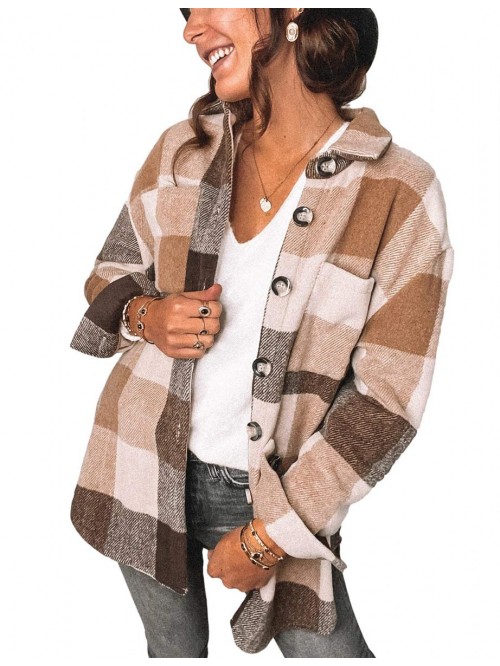 Plaid Shacket Jacket Womens Fall Fashion Button Do...